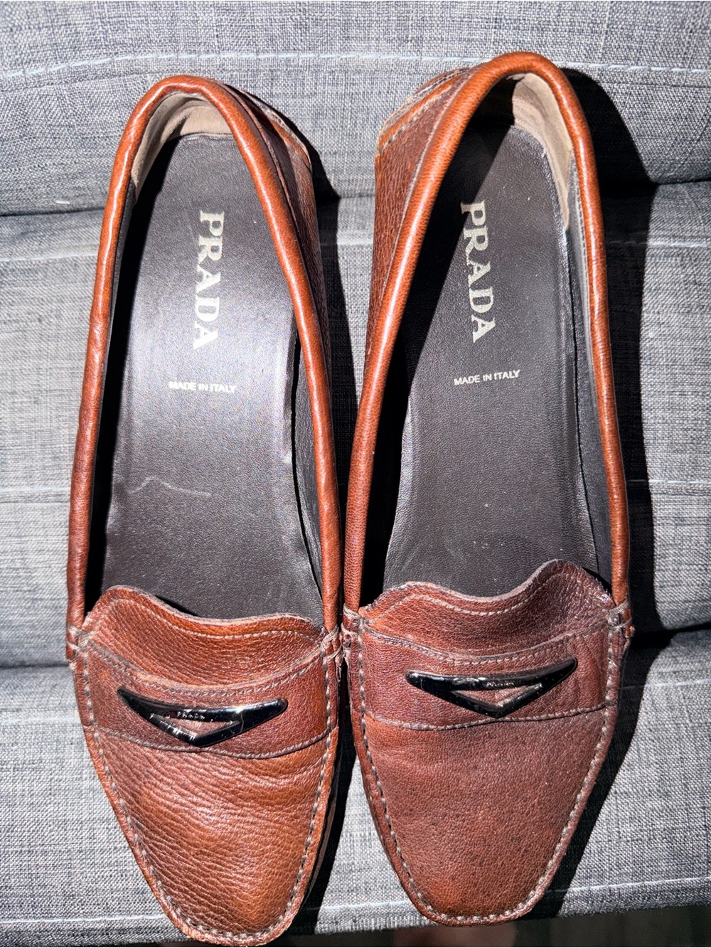 Prada Brown Leather Loafers with Metal Trim